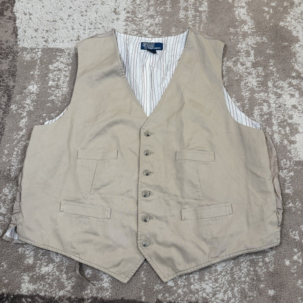 Polo Ralph Lauren Mens XL Tan Cotton Twill Waistcoat Vest Adjustable Back Khaki